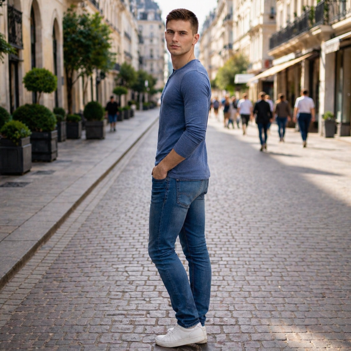 Mens Henley- Full Sleeves –“Blue Melange”