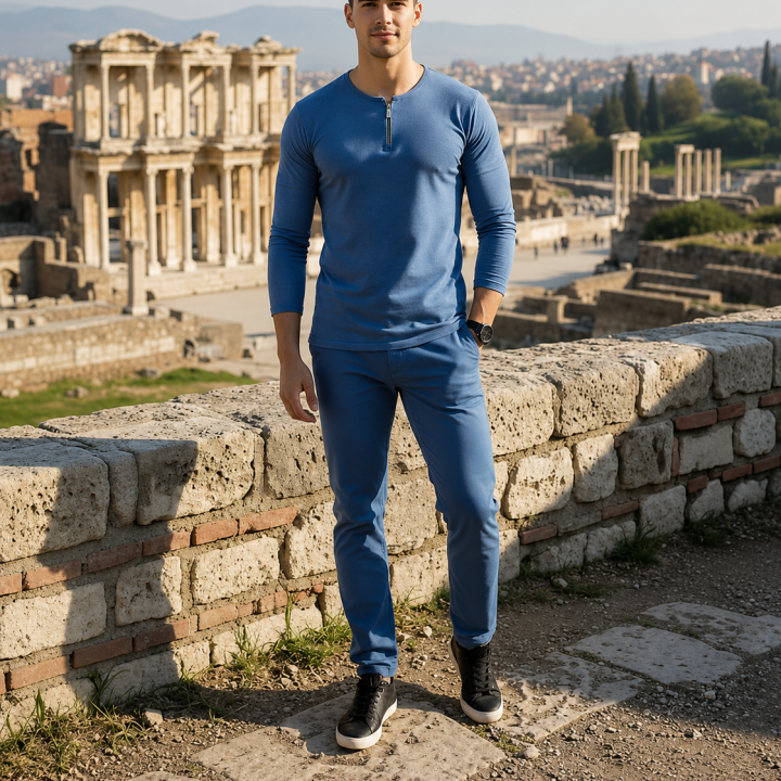 Mens Henley Zipper– Full Sleeves -“Blue Melange”