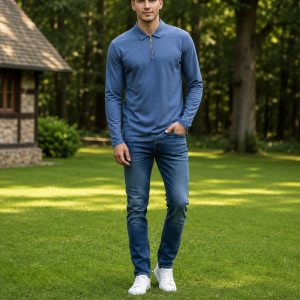 Mens Polo Zipper– Full Sleeves -“Blue Melange”